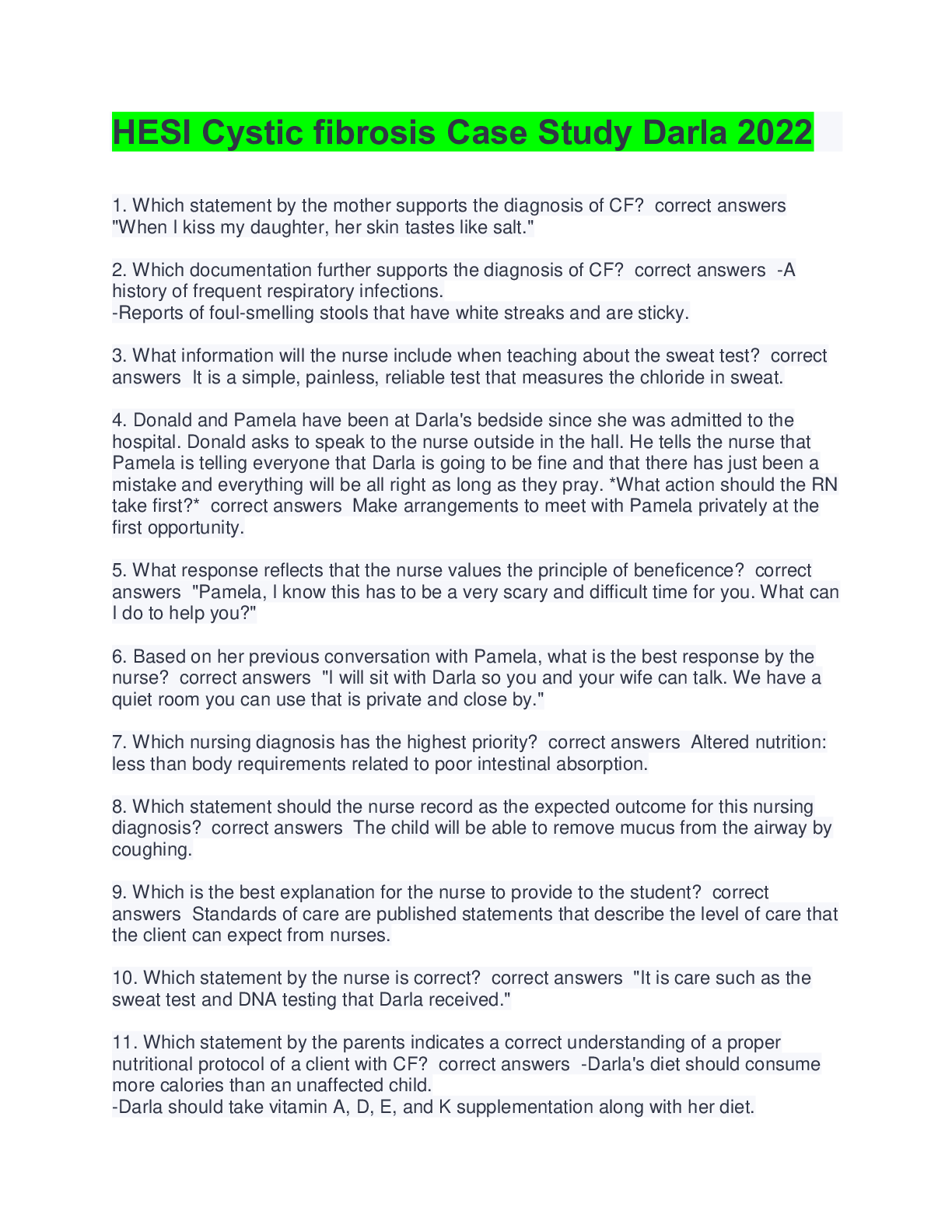 Preview image for HESI Cystic fibrosis Case Study Darla 2022 Questions & Answers